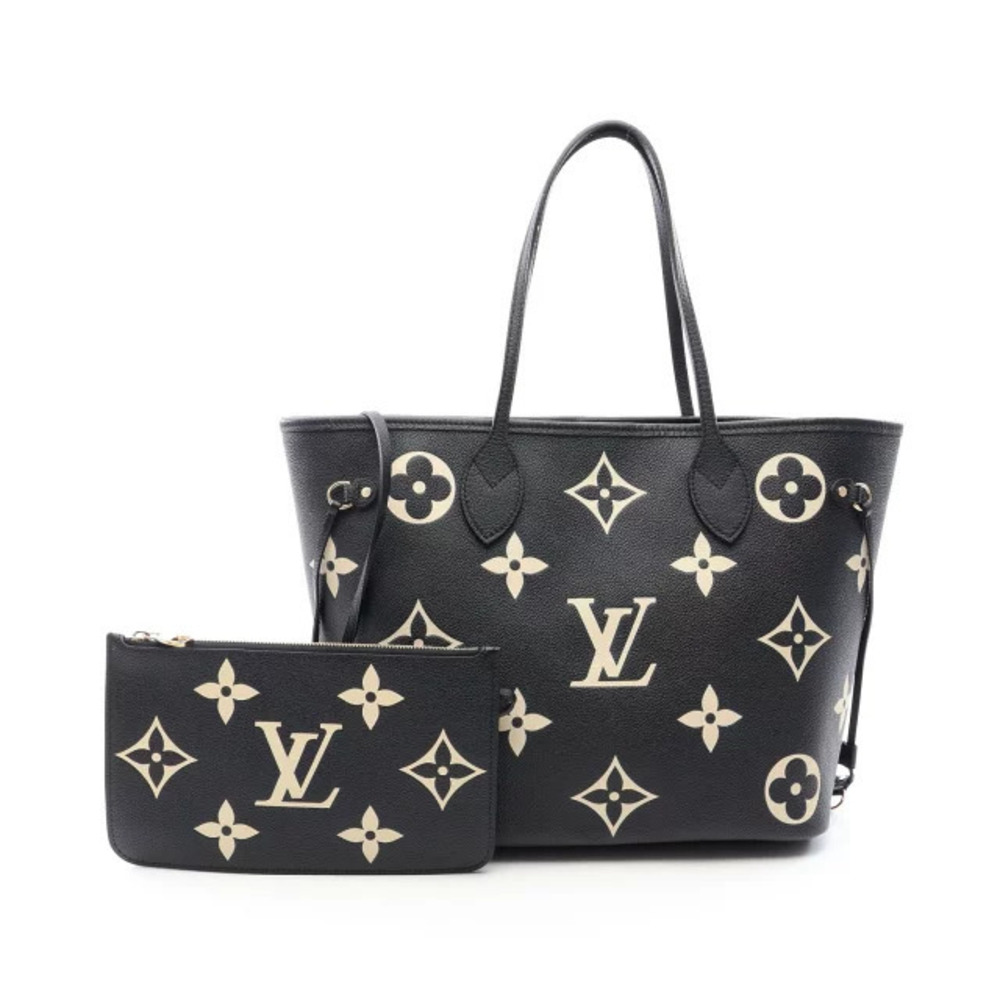 Louis Vuitton Neverfull Tote Bag Leather Monogram Empreinte Black Beige Cream